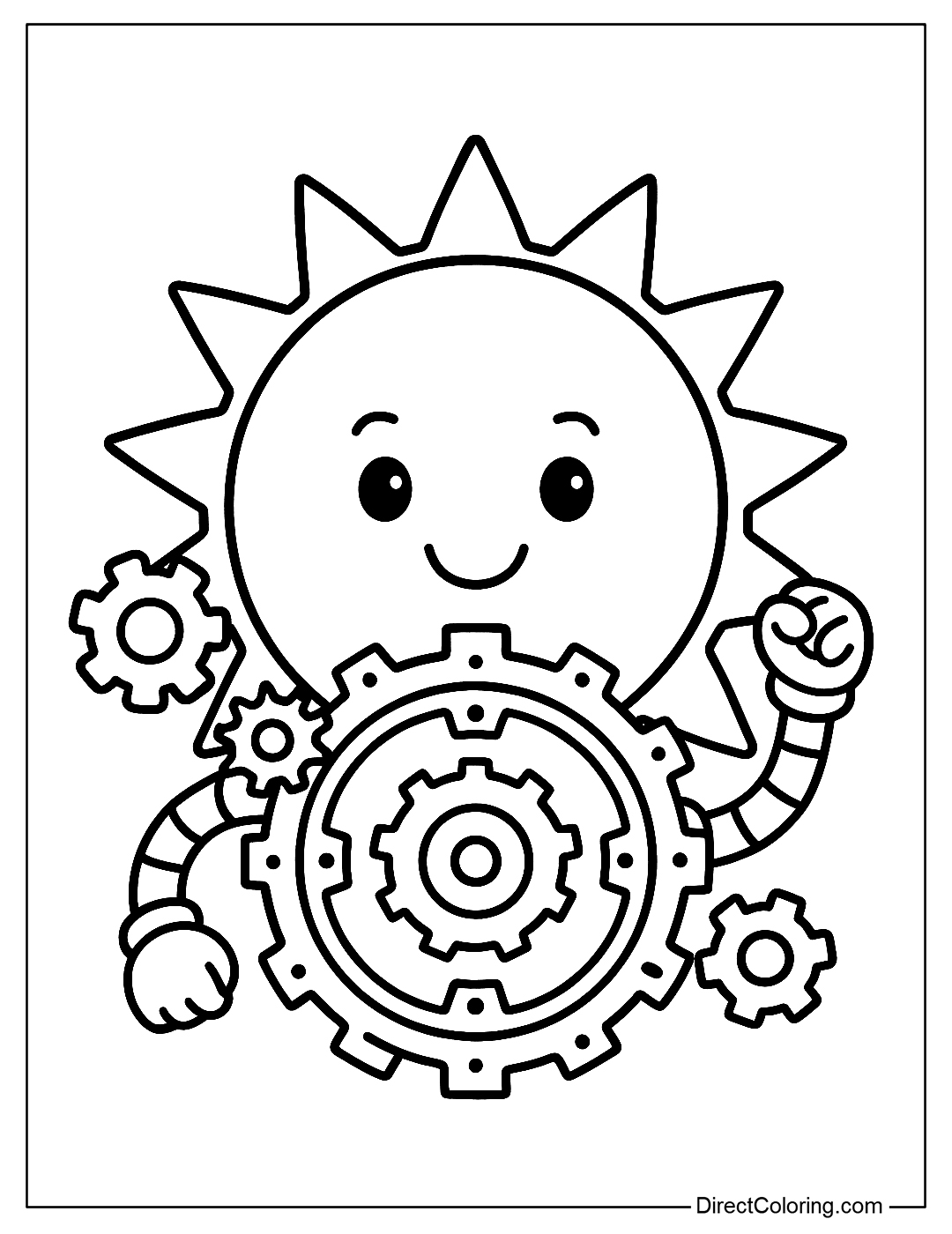 coloring page of a robot Sun with gears and mechanical details, funny sci-fi style